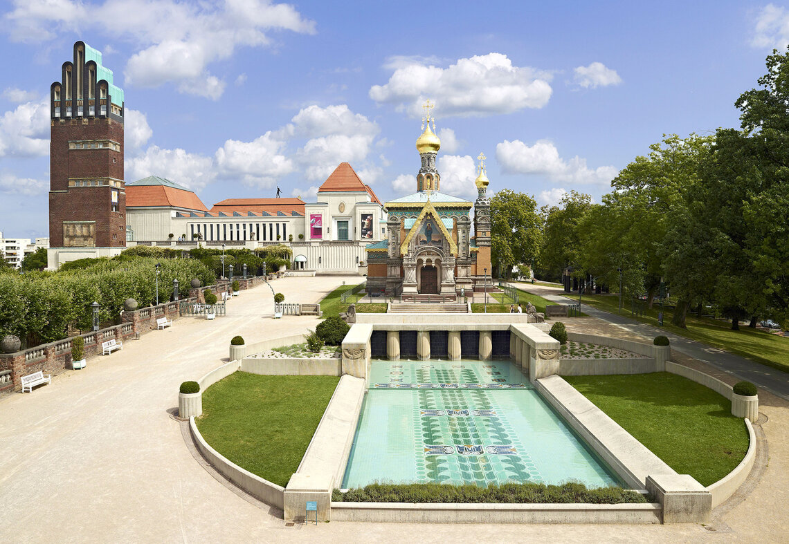 Mathildenhöhe Darmstadt grounds, with the Wedding Tower and Russian Chapel.