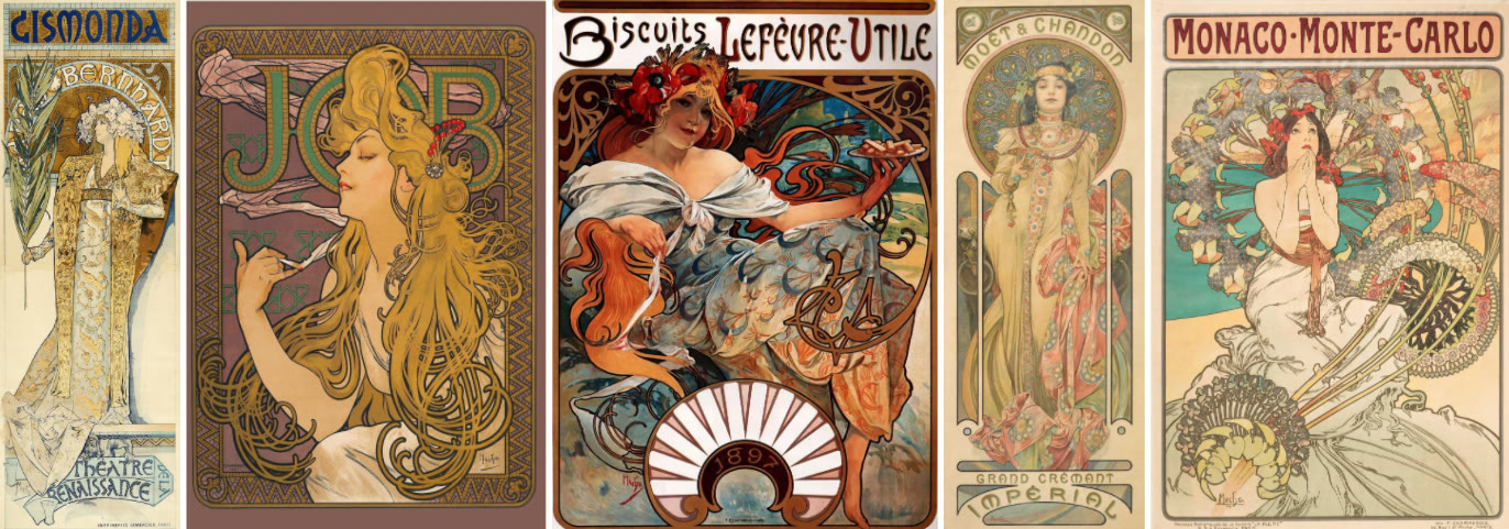 Art Nouveau posters by Alphonse Mucha, contemporaries of the Darmstadt colony's own graphic style.