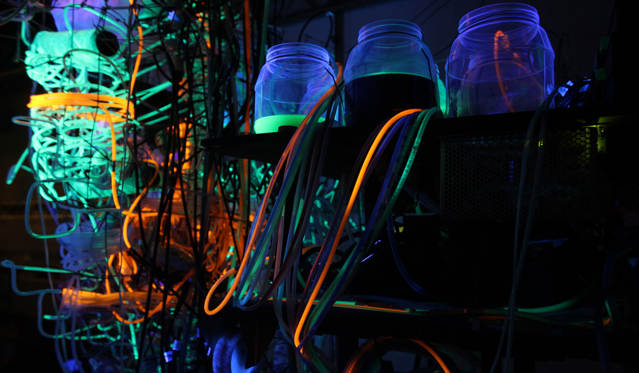 Jars of UV-reactive fluid connected by glowing tubing to the sculpture's circulation system.