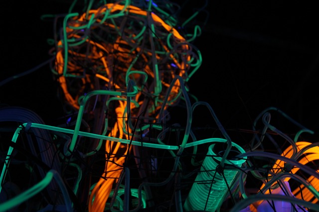 Another angle of the glowing tube-woven geometries inside the sculpture's body.