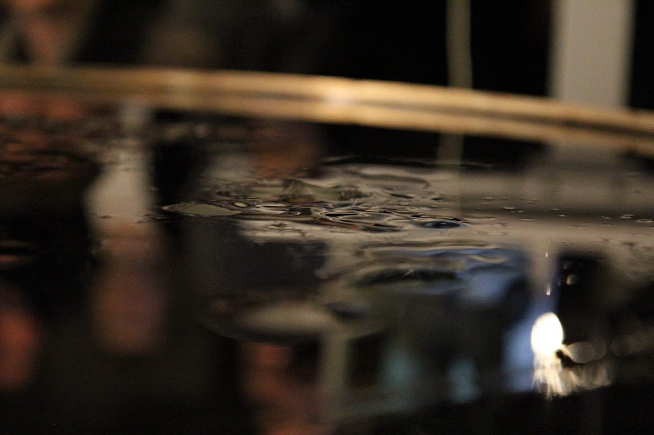Macro shot of ferrofluid spiking and pooling on the reflective tank surface.
