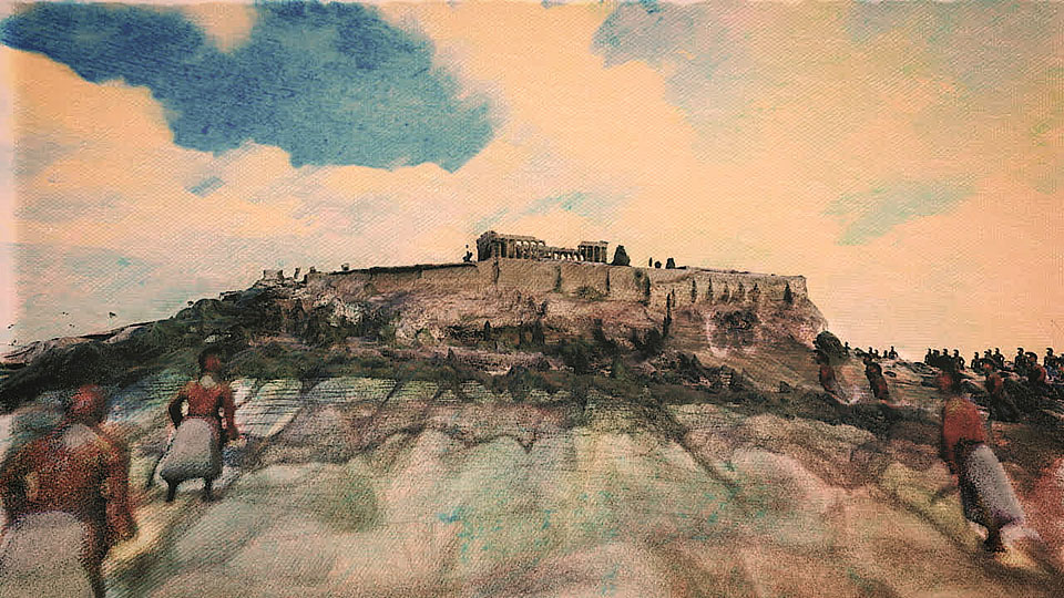 Stylised 3D reconstruction of the Acropolis, glitch-textured watercolor aesthetic.