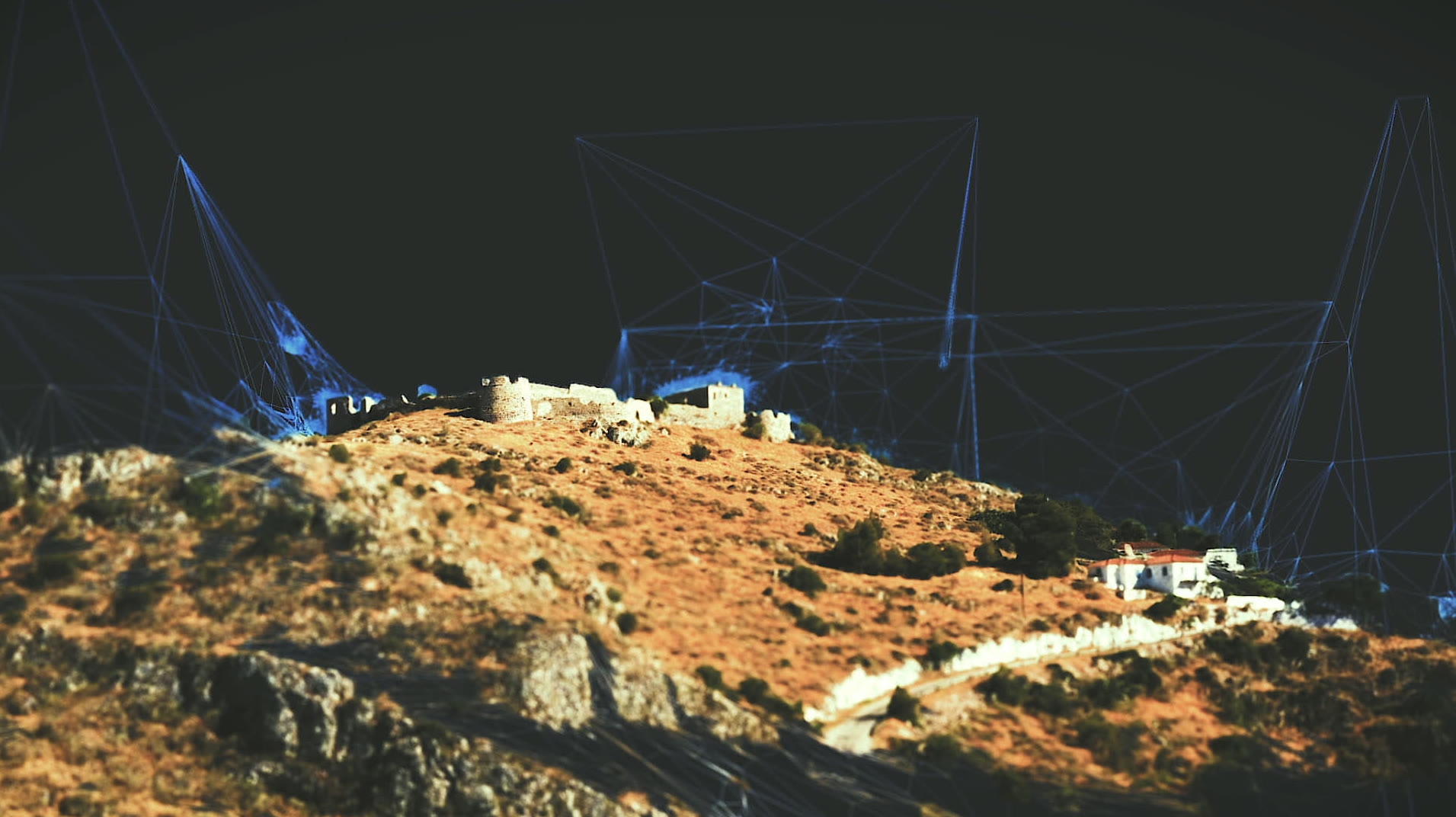 Photogrammetry point-cloud mesh overlaid on a hilltop fortress, part of the drone-captured reference sets used to rebuild each landmark.