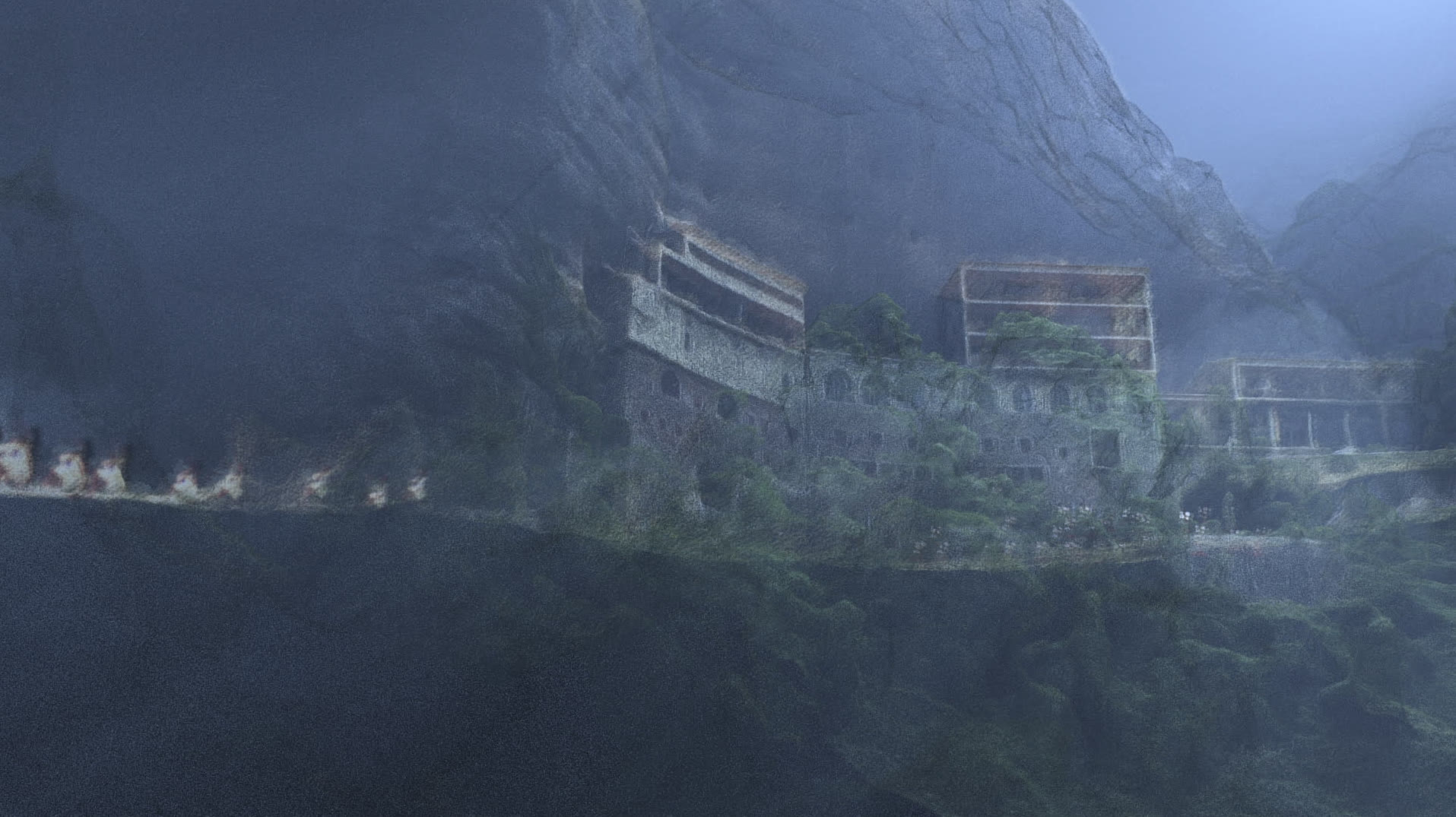 Reconstructed view of the Mega Spilaio monastery built into the mountainside.